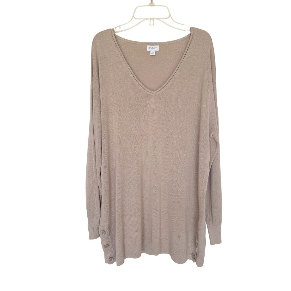 J.Crew Womens XL V-Neck Taupe Sweater Linen Blend Button Detail